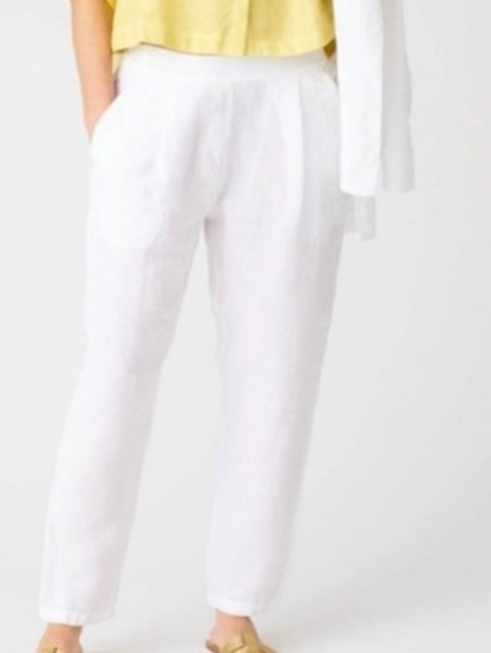 Women White Casual Elastic Sides Linen Pants Classic Summer Style Size L